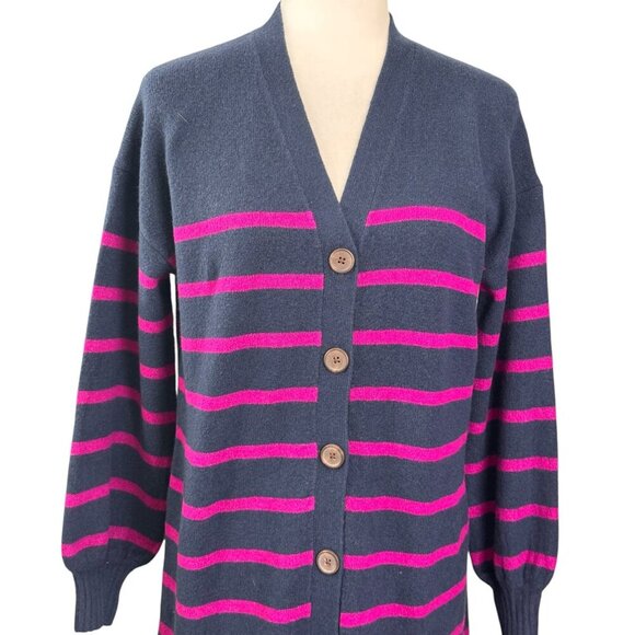 LOFT Long Sweater Cardigan Midi Dress Striped Navy Blue Button Front Size M - Picture 5 of 10